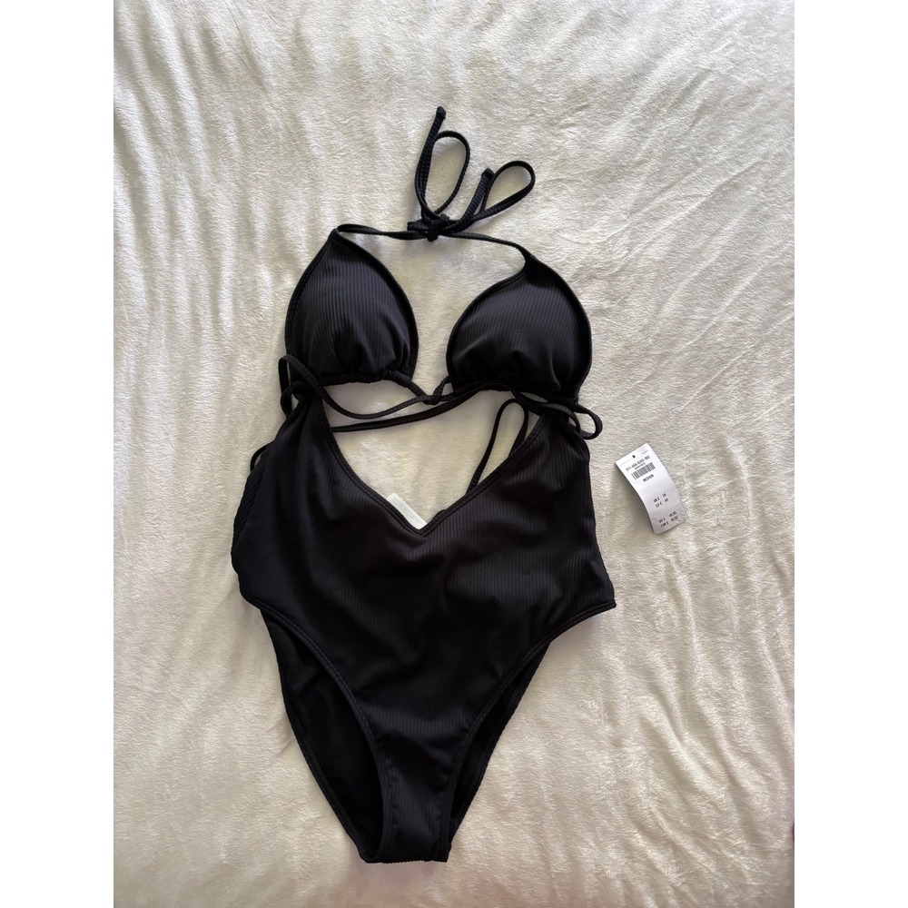 Hollister Swim Black Ribbed Cutout One Piece Swimsuit Halter Neck Medium NEW